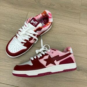 A Bathing Ape Bape Sta 93 Low Pink Burgundy Camo Leather Sneakers M 7 W 8.5
